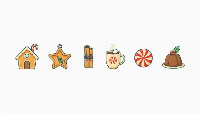 Premium Christmas vector icon set featuring a gingerbread house, star, cinnamon sticks, mug, candy, and pudding.