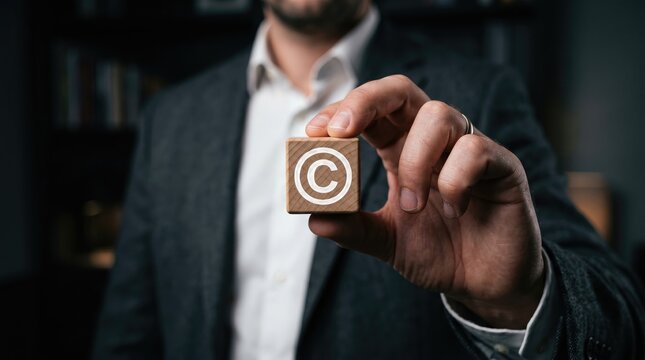 Person holding wooden block with copyright symbol in office