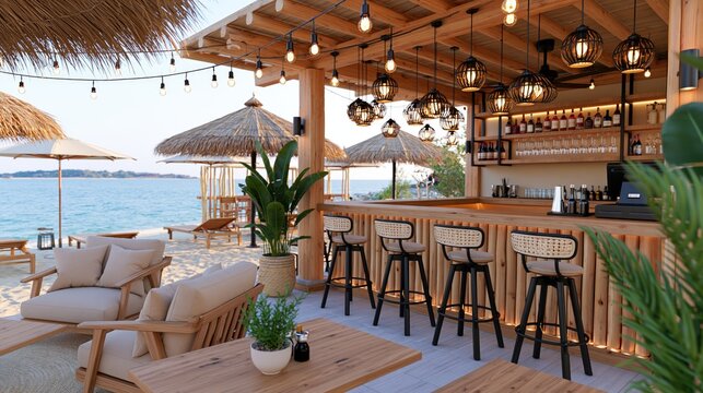 A tropical beach bar offers a refreshing oasis for patrons seeking relaxation by the sea.