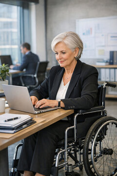 Woman in wheelchair working on laptop in modern office setting. Emphasis on inclusive workplace environment.