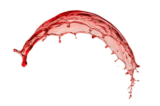 Dynamic arc of red wine splashing in midair with droplets and ripples isolated on a transparent background