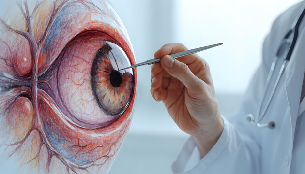 Eye surgery procedure and anatomical dissection. Ophthalmology treatment and cornea surgery. Hand of a doctor using surgical tweezers on a detailed human eyeball model