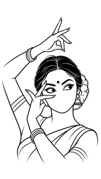 Black and white line art of an indian classical dancer performing traditional mudra gesture with classical dance hand gesture traditional culture indian woman dancing pose ethnic art south asian