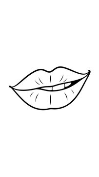 Close up illustration of human lips biting gently in black and white line art with face part female beauty illustration expression cosmetic monochrome artistic isolated minimalist conceptual