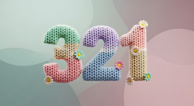 Colorful knitted numbers '321' with small daisies and roses, set against a soft pastel gradient background.