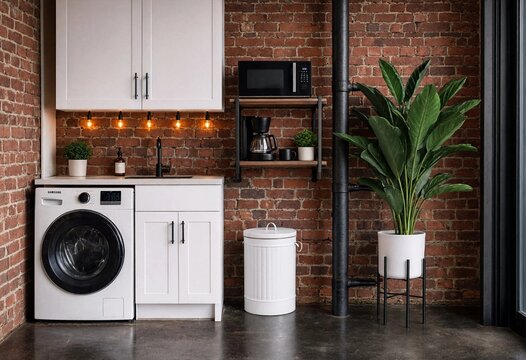 Modern laundry room with washing machine, brick wall, and indoor plant in industrial apartment