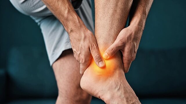 A man clutches his injured ankle in pain with a glowing red highlight indicating inflammation or a sprain during a home workout