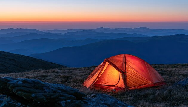 A glowing tent rests on a grassy mountain slope at twilight