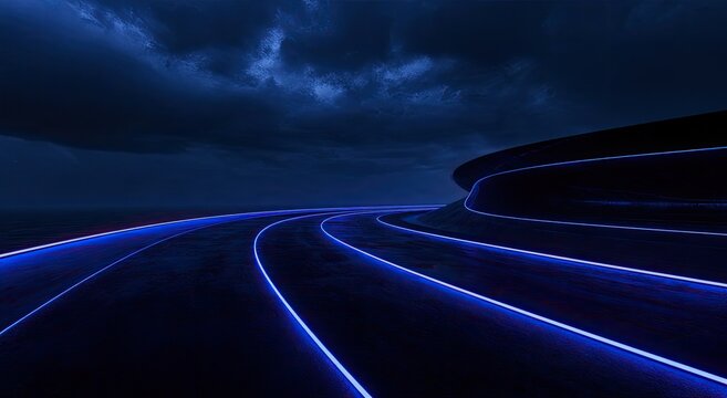 Futuristic glowing highway at dusk under dramatic stormy clouds