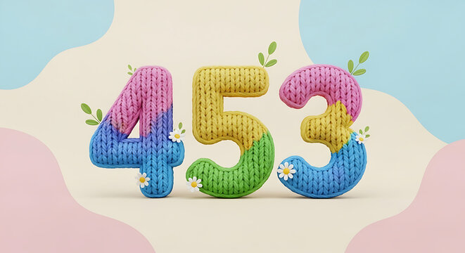 Playful knitted numbers '453' in rainbow pastel colors, decorated with leaves and daisies, on a soft, abstract background.