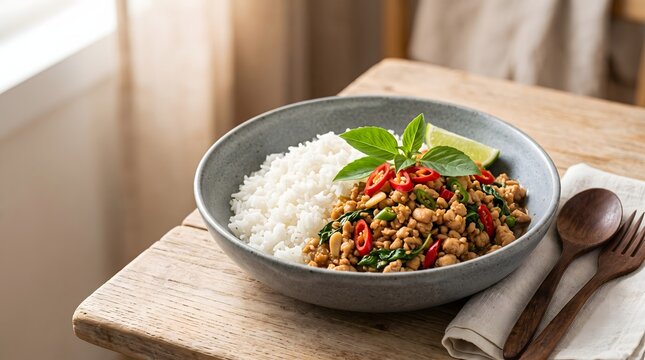 Thai Basil Chicken Pad Krapow with Steamed Jasmine Rice, Fresh Chilies, and Lime Wedge in Ceramic Bowl