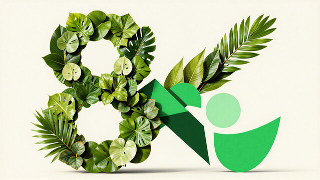 Green ampersand symbol made of tropical leaves