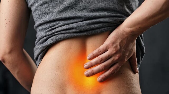 Close up of a person rubbing their lower back with an orange glow indicating lumbar pain and inflammation