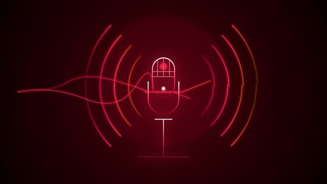 Minimalist red neon line art of a professional studio microphone on a stand featuring glowing audio frequency wave lines on a dark red circular gradient background for podcasting.