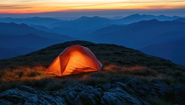 A solitary illuminated tent rests on a grassy mountaintop at dusk