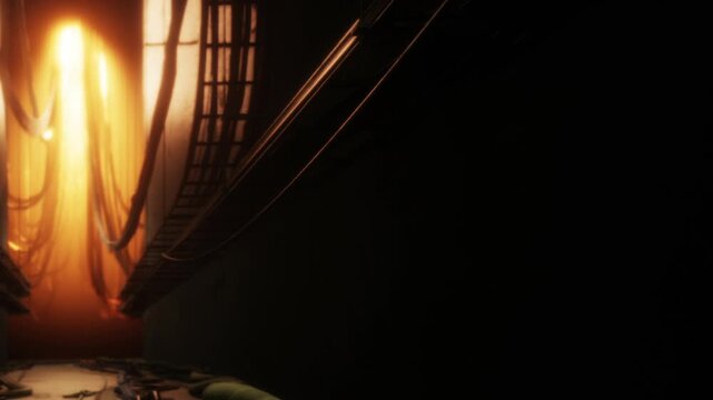 Soft golden light spills into a shadowy corridor, hinting at secrets hidden within. The atmosphere feels both inviting and eerie, urging exploration into the unknown.