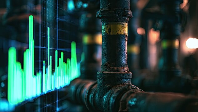 Industrial pipes and glowing green data charts illustrate complex system monitoring