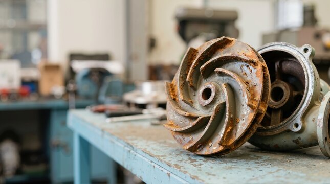Corroded water pump impeller on a metal workbench. Rusty industrial machinery part and dismantled casing in a repair workshop. Mechanical wear and maintenance concept