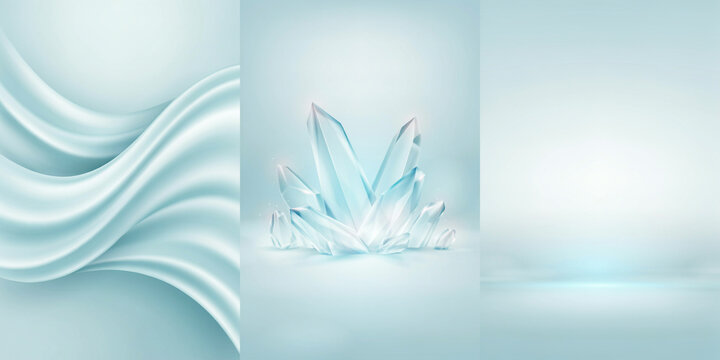 Vertical trio featuring silky fabric waves, sharp crystal formations, and soft gradient