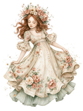 Floral dress vintage gown flower crown redhead girl romantic style pastel color lace detail fantasy art soft light spring theme Graceful redhead