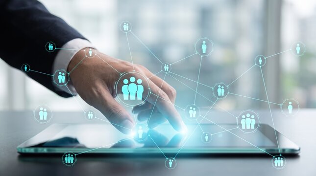 Hand touching tablet screen with social networking connection icons floating above, global communication and people network concept, digital marketing and community building idea
