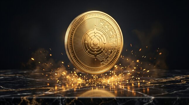 A polished generic gold cryptocurrency-style coin floating above black marble with glowing particles, representing digital assets, cryptocurrency investment, financial technology, wealth, and prosperi