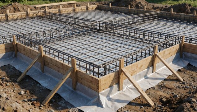 Construction site where foundation built made wooden planks supported metal rods arranged grid-like pattern ev