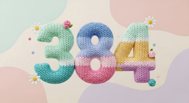 Charming number trio 384, knitted with pastel color-blocked yarn and decorated with small daisy and rose flowers.