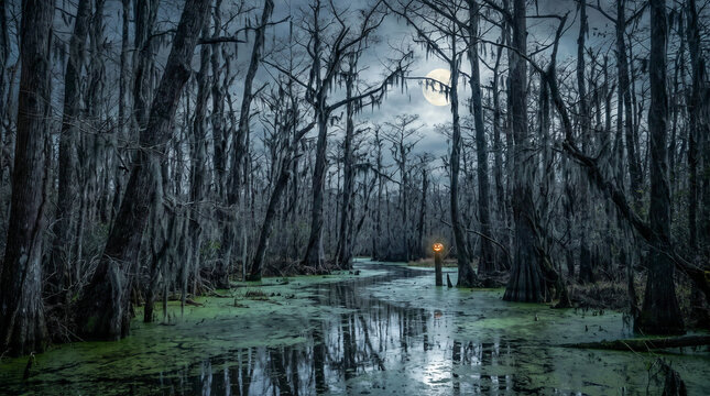 Oscuro pantano bajo la luna llena, envuelto en niebla. &Aacute;rboles retorcidos con musgo, r&iacute;o oscuro y un muelle de madera iluminado por calabazas de Halloween. Un ambiente espeluznante y g&oacute;tico