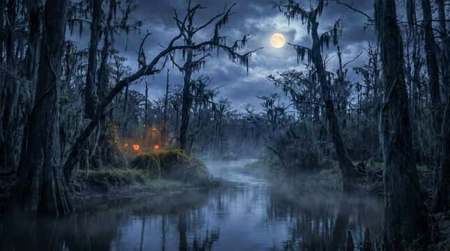 Oscuro pantano bajo la luna llena, envuelto en niebla. &Aacute;rboles retorcidos con musgo, r&iacute;o oscuro y un muelle de madera iluminado por calabazas de Halloween. Un ambiente espeluznante y g&oacute;tico