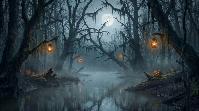 Oscuro pantano bajo la luna llena, envuelto en niebla. &Aacute;rboles retorcidos con musgo, r&iacute;o oscuro y un muelle de madera iluminado por calabazas de Halloween. Un ambiente espeluznante y g&oacute;tico