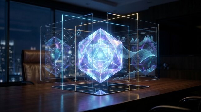 Holographic AI polyhedron crystal analyzing multidimensional business data in a dark boardroom setting.