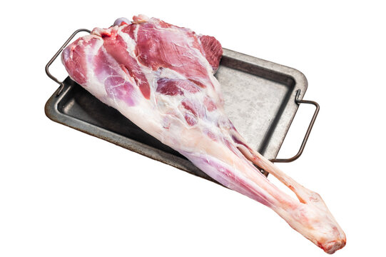 Raw whole lamb leg, fresh mutton meat isolated on white background. top view