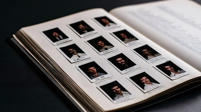 Open yearbook spread with rows of small black and white student portraits, evoking nostalgia, academic memories and vintage school spirit from past graduations and class years