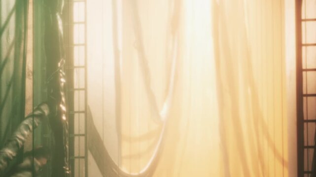 Soft sunlight streams through colorful drapes in a serene room, casting gentle patterns on the floor. The interplay of light and fabric creates a cozy atmosphere filled with warmth.