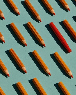 Teacher pencils and one red marking pen arranged in a neat pattern on a pale green surface for World Teachers' Day and education themes