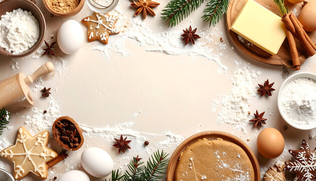 Festive Holiday Baking Background with Flour Dusting and Raw Ingredients