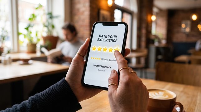 Close up of hands holding smartphone displaying five star rating feedback screen in cozy cafe setting with coffee cup on wooden table, customer experience review concept