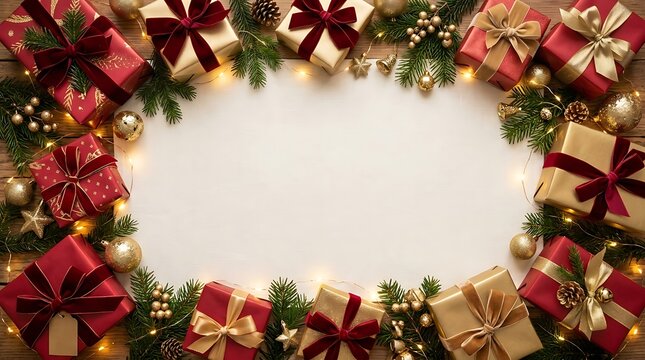 Christmas gift box frame border with pine branches