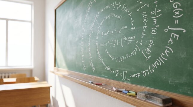 Green chalkboard covered with complex mathematical formulas in empty classroom. Education and science concept for school lesson, math study, university learning and back to school design.