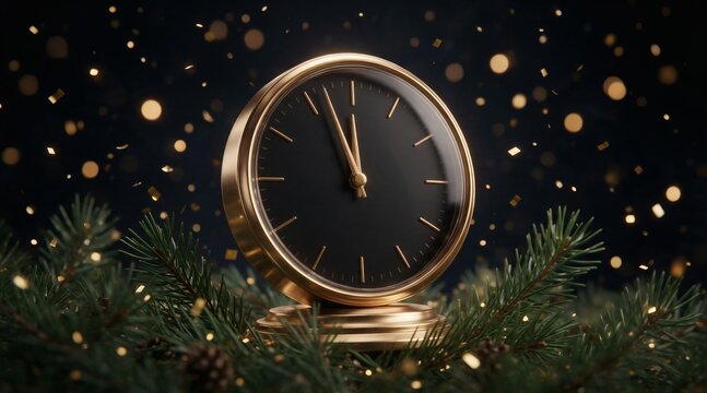 Gold countdown clock near midnight in evergreen branches