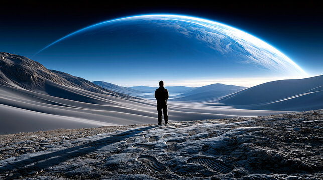 Man standing on alien landscape looking at giant planet