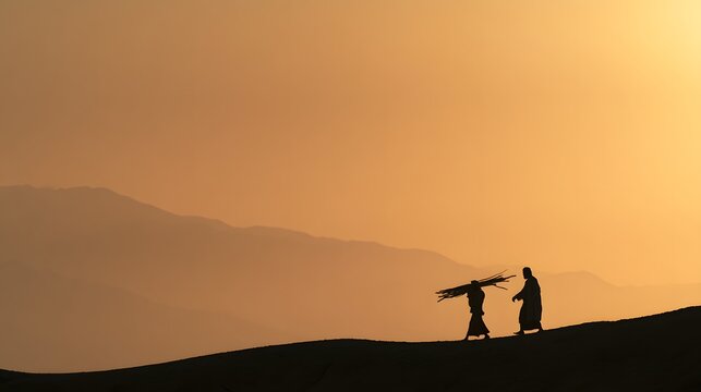 Two people walking on a desert ridge at sunset carrying a bundle of sticks