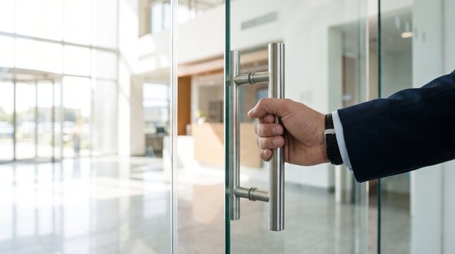 Man in suit opening glass door with steel handle in modern office building. Businessman entering corporate lobby. New opportunity, career start and welcome concept for business and recruitment.