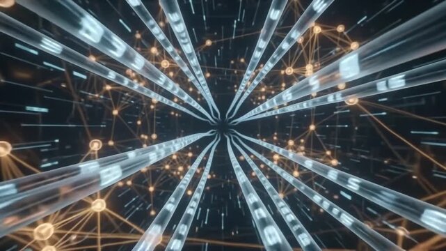 Futuristic digital data stream flowing through transparent fiber optic cables in cyberspace.
