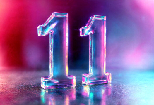 Bright iridescent rainbow number eleven made of shiny translucent material with colorful reflections