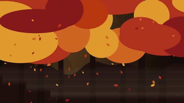 Stylized autumn season motion graphics showing abstract orange and red trees in a dark forest with falling leaves and 2D vector animation style for seasonal background.
