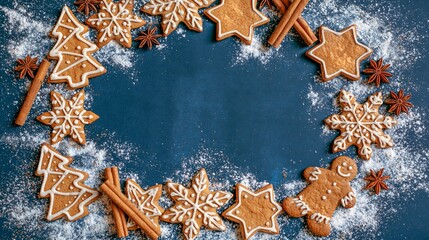 Obraz premium Merry Christmas advent xmas celebration holiday concept - Frame made of gingerbread men, star anise and cinnamon sticks, isolated on blue table background, top view