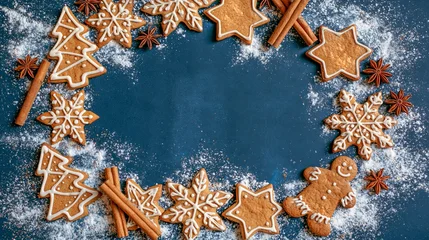 Merry Christmas advent xmas celebration holiday concept - Frame made of gingerbread men, star anise and cinnamon sticks, isolated on blue table background, top view © Corri Seizinger