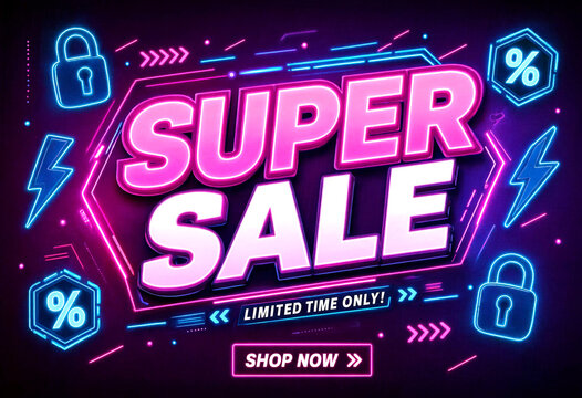 Bright neon super sale banner with discount symbols and lightning bolts perfect for promotions